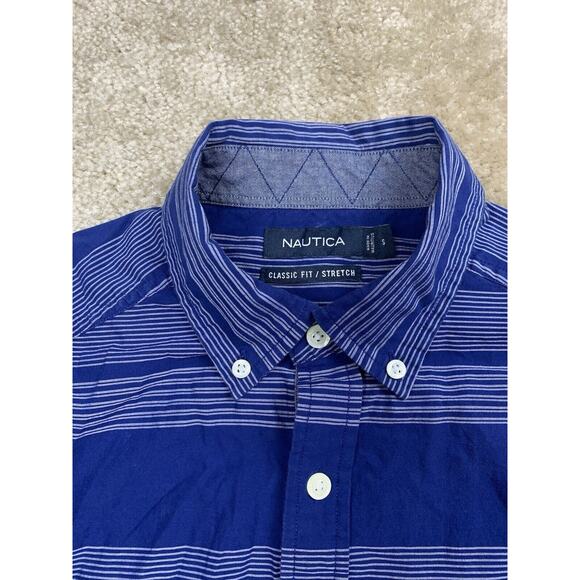 Nautica Mens Short Sleeve Shirt Small Blue White Stripes Classic Fit Stretch 750 - Picture 3 of 8